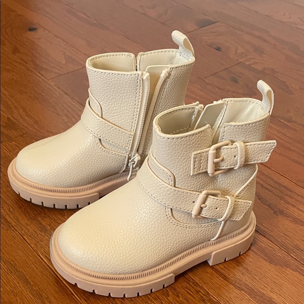Cream Kids Boots with Buckle Straps
